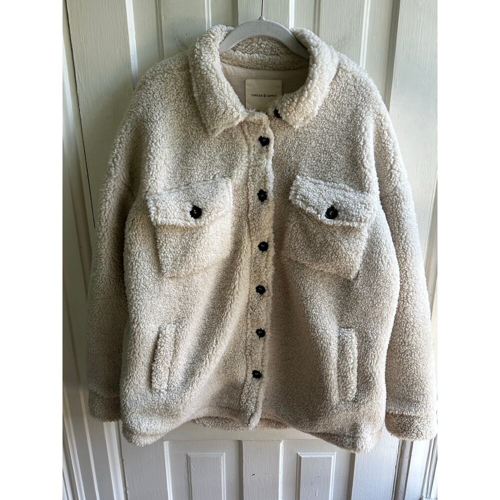 Thread & Supply Cream Sherpa Teddy Fleece Jacket Shacket Size Medium - Picture 2 of 8